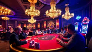 Engaging casino scene at https://five88sss.com/ with poker players at a luxurious table and a roulette wheel.
