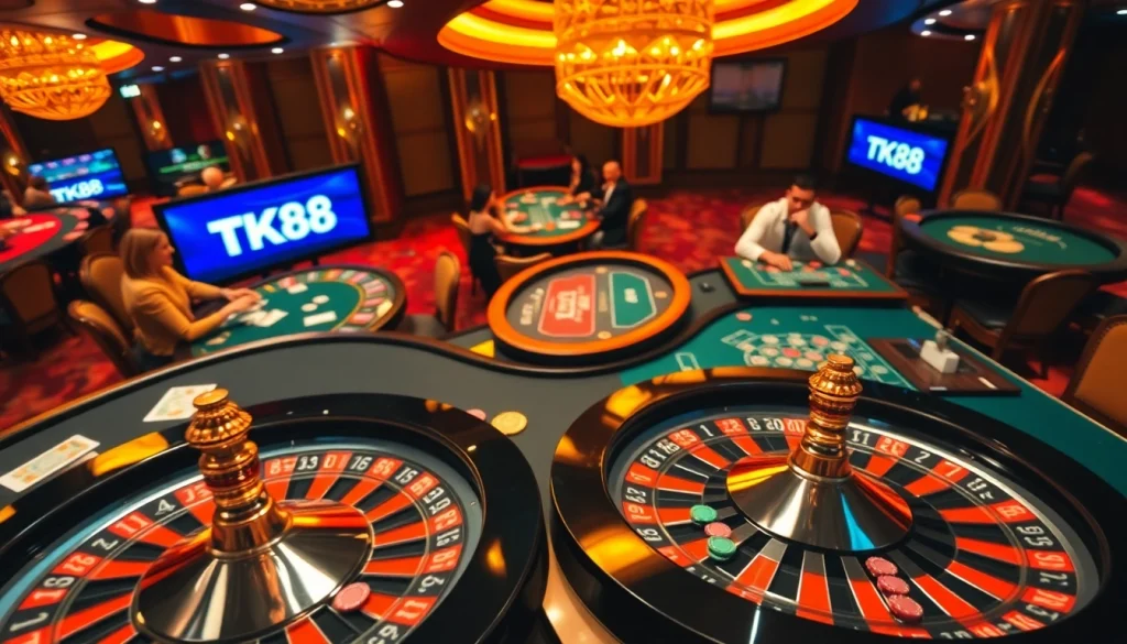 Experience thrilling action at TK88 casino tables with poker chips, playing cards, and roulette.