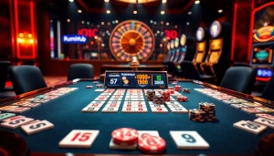 Engage in רמיקוב אונליין with vibrant tiles and competitive gameplay in this lively casino scene.