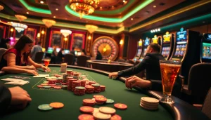 Experience intense gameplay at u888 com with a vibrant casino scene featuring poker, roulette, and slot machines.