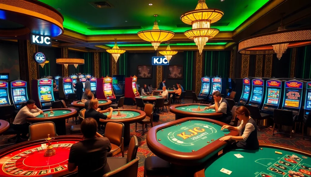 KJC casino scene featuring excited players at poker tables and vibrant slot machines.