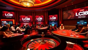 Players enjoying a thrilling moment at LC88 casino with roulette and poker tables.