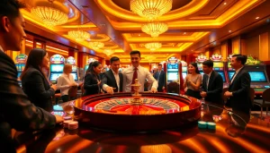 Excited players engage at a roulette table with tỷ lệ kèo nhà cái betting slips at a luxurious casino.