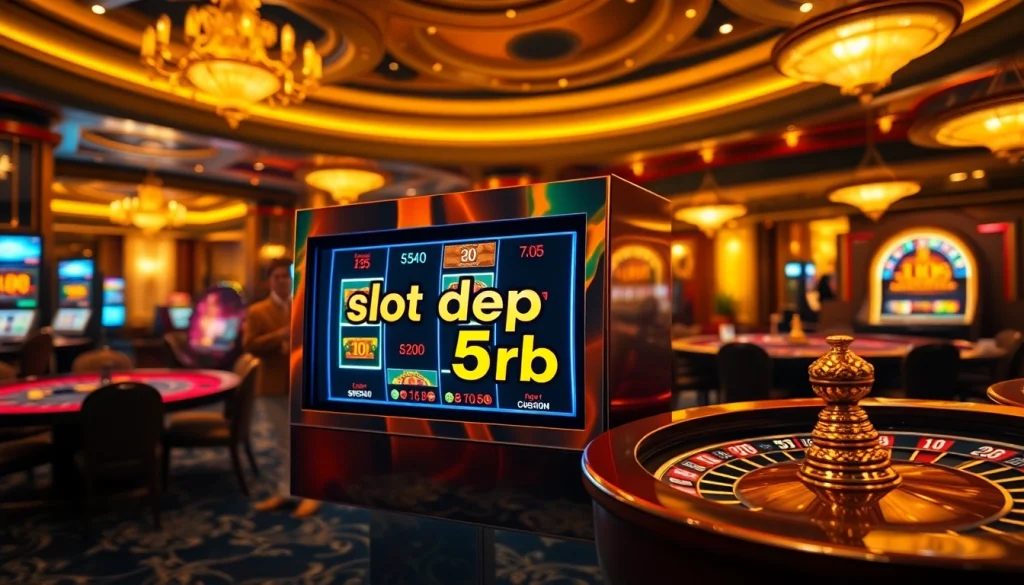 Experience the thrill of slot depo 5rb with exciting casino visuals showcasing vibrant slot machines and poker tables.
