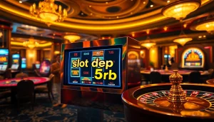 Experience the thrill of slot depo 5rb with exciting casino visuals showcasing vibrant slot machines and poker tables.
