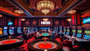 Engaging players at NK88 casino tables, featuring roulette and poker in a luxurious setting.