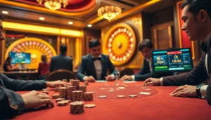 Experience the excitement of gambling with 33win.free's luxury casino atmosphere featuring poker tables and roulette wheels.