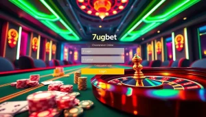 Access the thrilling 7upbet login experience with vibrant casino visuals, showcasing poker chips and roulette tables.