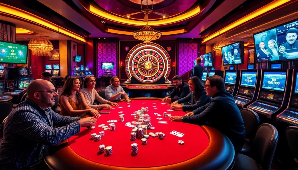 Exciting gambling action at a luxurious casino scene, showcasing poker and roulette, inspired by https://ecogreenbuilders.in/contact/.