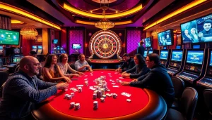 Exciting gambling action at a luxurious casino scene, showcasing poker and roulette, inspired by https://ecogreenbuilders.in/contact/.