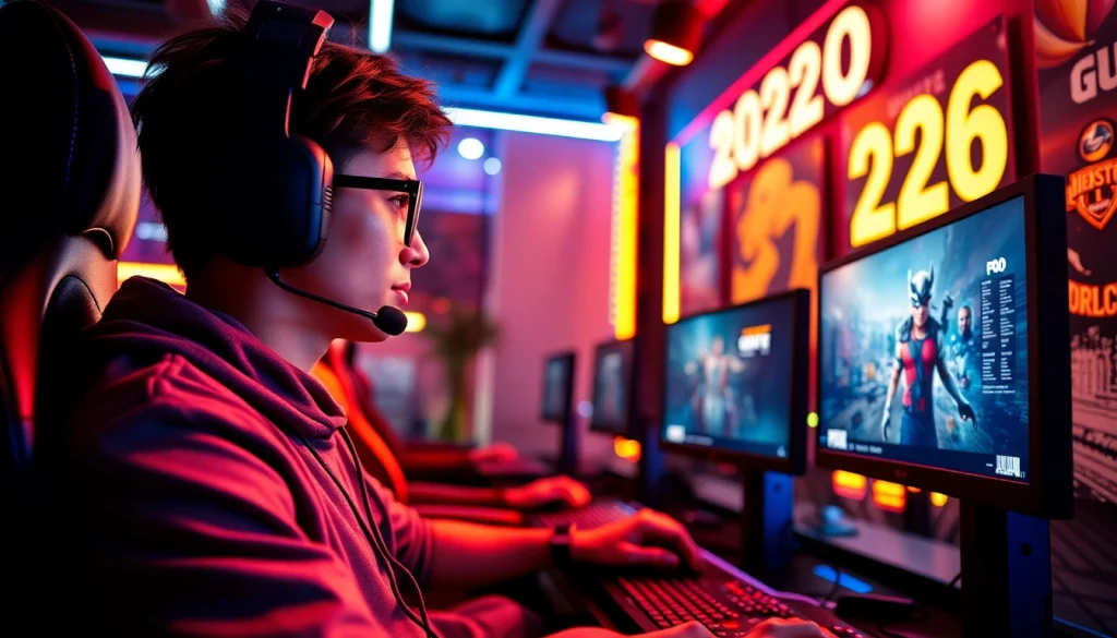 Gamer engaged in game reviews 2026 with immersive setup and vibrant city backdrop.