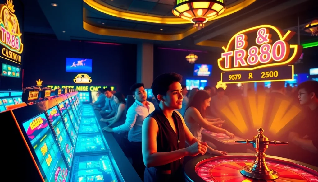 Engaging online gaming scene at TR88 with vibrant casino elements and excited players.