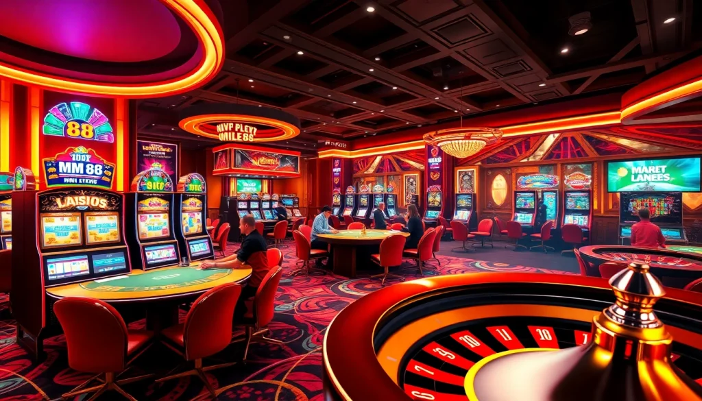 Players engaging with MM 88's exciting online casino games, showcasing vibrant poker tables and slot machines.