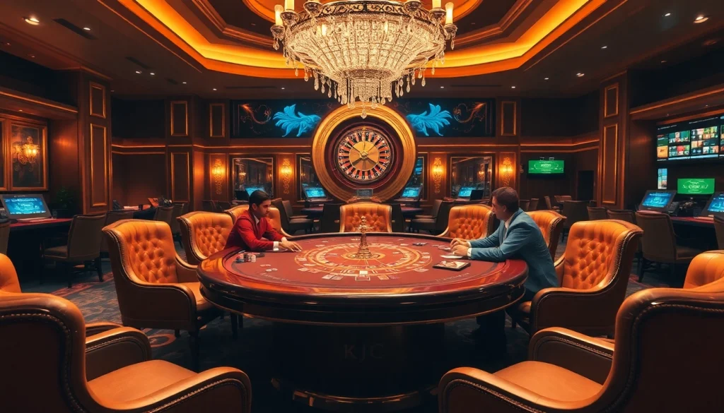 KJC casino scene with players at a luxury poker table amidst elegant decor.