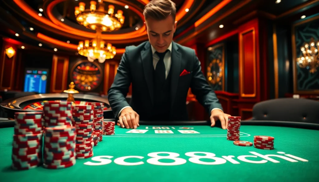 A dynamic poker game scene at a luxury casino table featuring sc88archi chips and cards illuminated by vibrant lighting.