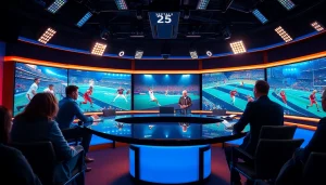 Engaging scene of sports broadcasting featuring presenters and dynamic graphics.