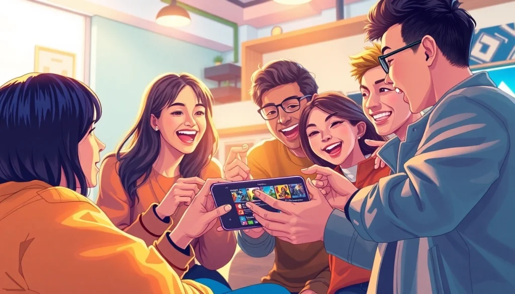 ALPHAオリパ 招待コード スマートフォンで友人とゲーム戦略を話し合う場面。