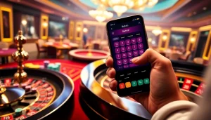 Người chơi tương tác với ứng dụng BetVIP giữa các bàn casino rực rỡ và vòng quay roulette đang quay.