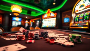 Experience the excitement of GG88 with a dynamic casino scene featuring cards and slot machines.