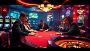 Experience the hidden wiki dark web at a high-stakes casino tournament with players and vibrant slot machines.