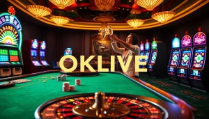 Experience the thrill of a casino with OKLIVE, featuring poker tables, roulette, and celebrations.