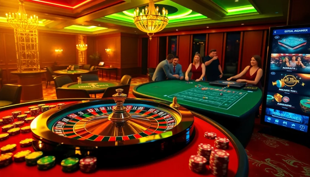 Exciting gambling scene at RR88 featuring roulette wheels and poker chips.