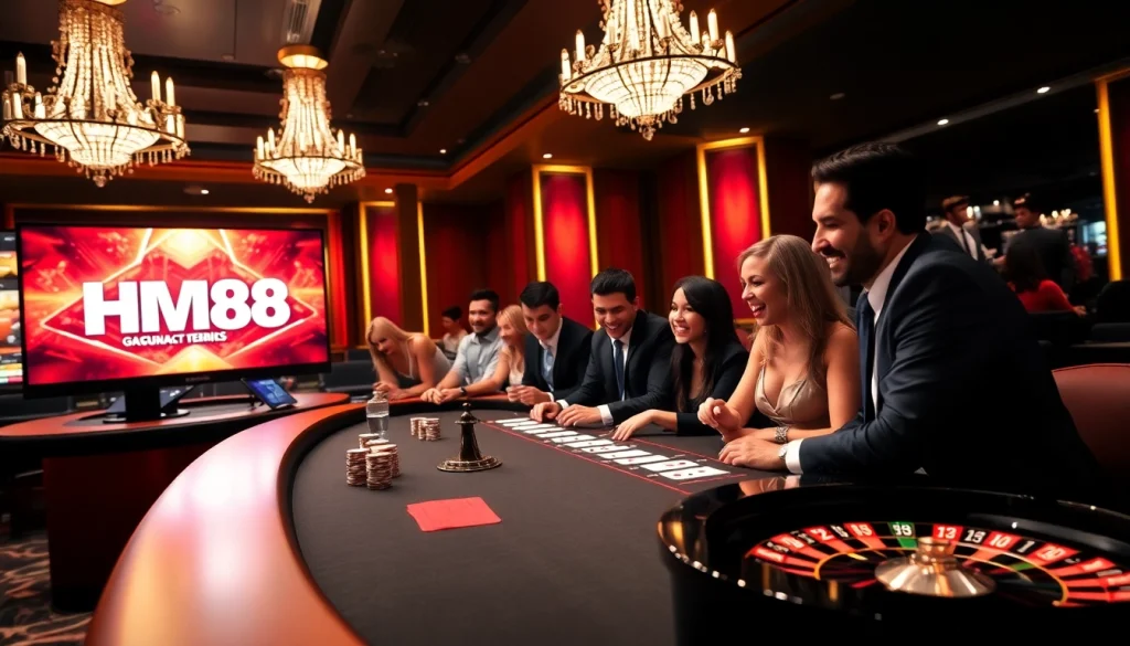 Engage in thrilling poker action at HM88 casino, featuring vibrant chips and cards.