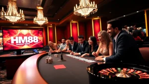 Engage in thrilling poker action at HM88 casino, featuring vibrant chips and cards.