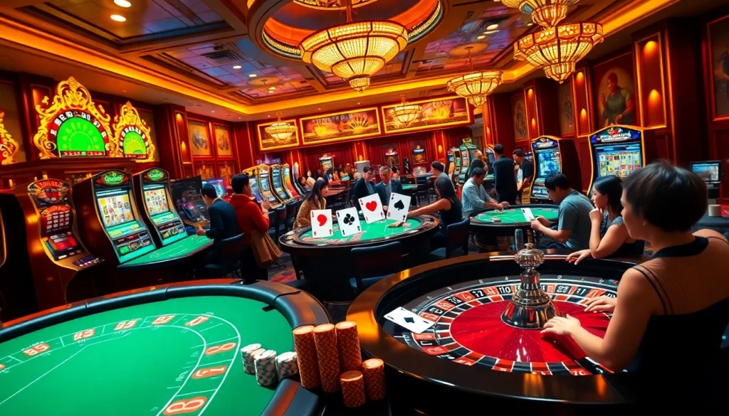 Engage with the excitement of go99 com casino gaming, featuring vibrant slot machines and poker tables.