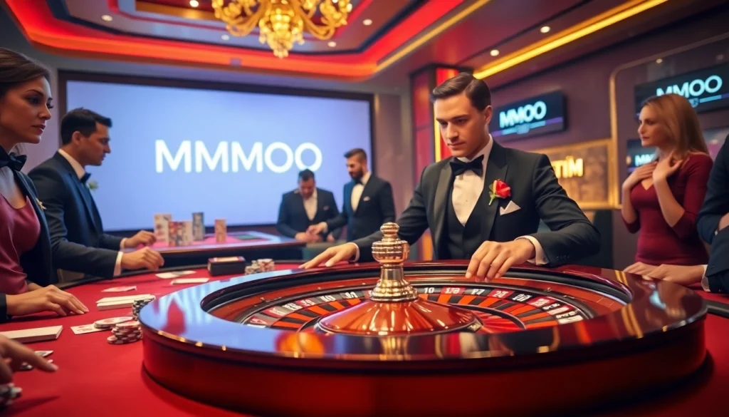 Engaged gamblers enjoying a roulette game at MMOO casino, highlighting excitement and strategy.