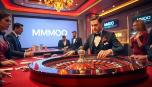 Engaged gamblers enjoying a roulette game at MMOO casino, highlighting excitement and strategy.