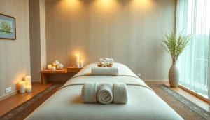 출장마사지 setup with soothing ambiance and massage essentials for relaxation.