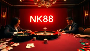 Exciting casino scene with poker table and "NK88" lights, highlighting competitive gambling.