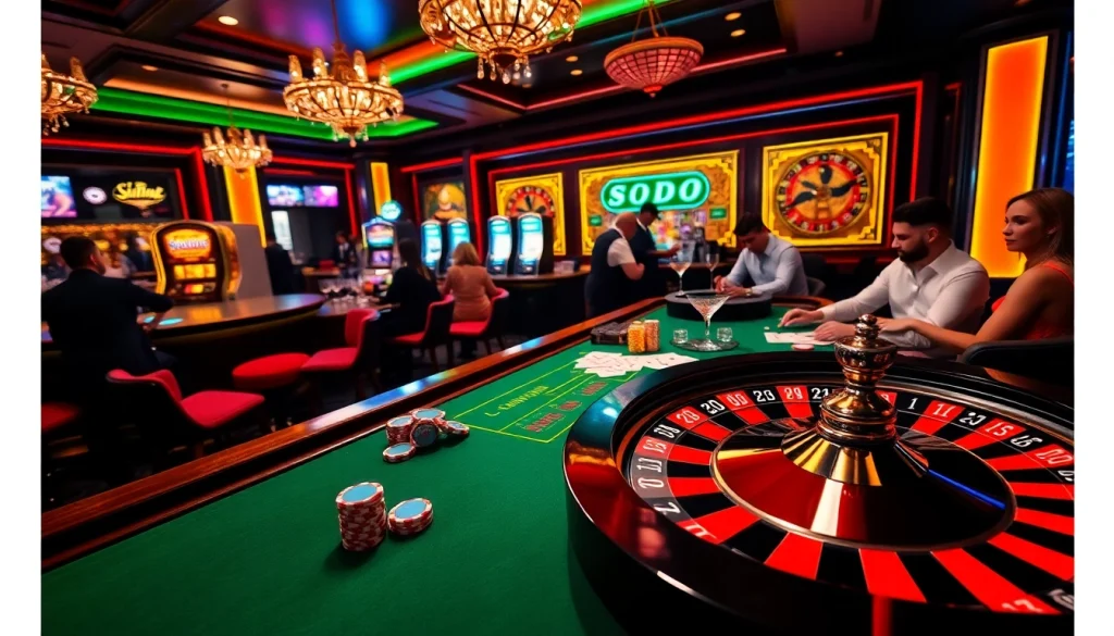 Exciting casino atmosphere showcasing SODO-themed roulette gameplay with vibrant lights and luxury decor.