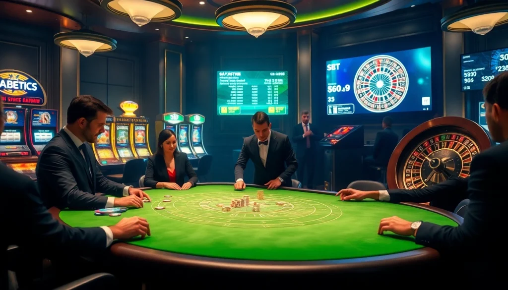 Players betting at a luxurious casino table with S8 betting odds screens visible in the background.