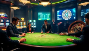 Players betting at a luxurious casino table with S8 betting odds screens visible in the background.