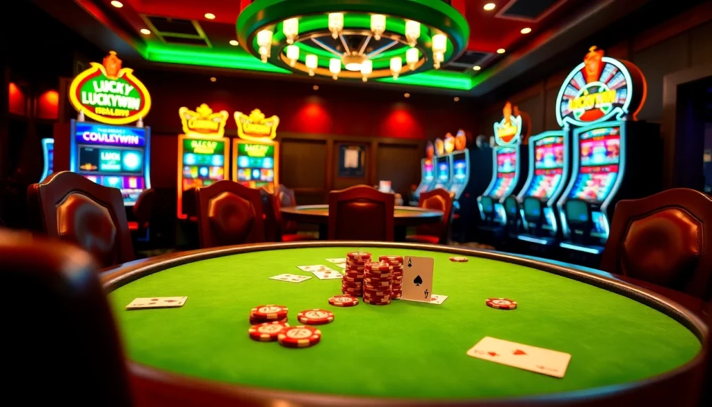 Experience the thrill of Luckywin at an upscale poker table, complete with chips and cards.