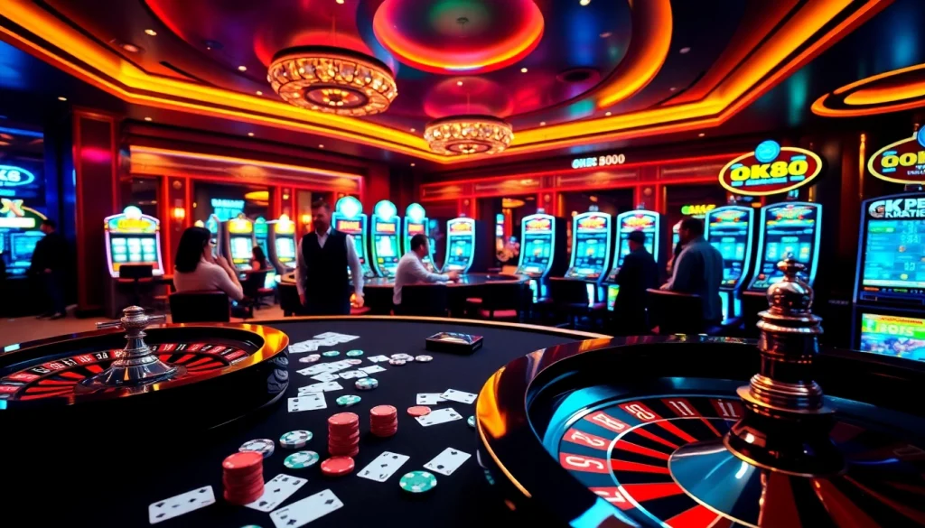 Exciting gaming atmosphere at OK88 casino with vibrant roulette and poker games.
