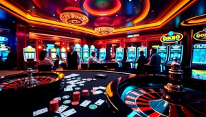 Exciting gaming atmosphere at OK88 casino with vibrant roulette and poker games.