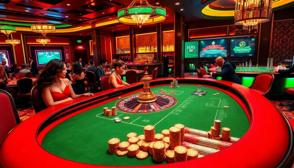 Experience the excitement of online gambling at https://lucky88sss.com/ with a lavish roulette scene.