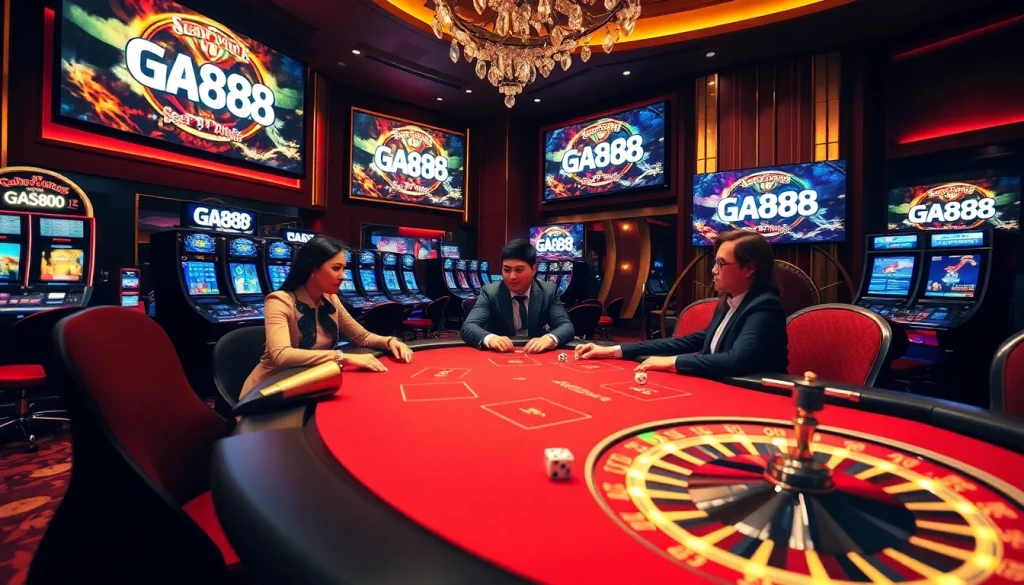 Engaging players enjoying high-stakes poker at GA888 casino under luxury ambiance.