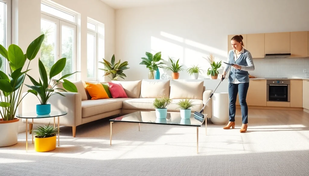 Cleaning Services Near Fort Lee, NJ - Professional cleaner in a bright and tidy living room.