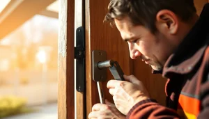 Schneller Service vom Schlüsselnotdienst Wiesbaden, der einen Schlüsseldiensttechniker professionell bei der Türöffnung zeigt