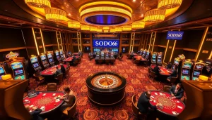 Experience the thrill of SODO66 in a luxurious casino setting with roulette and blackjack.