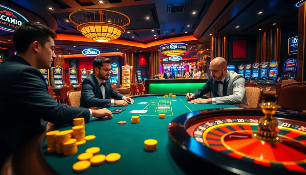 LC88 casino players eagerly strategizing at a luxurious poker table surrounded by elegant decor.