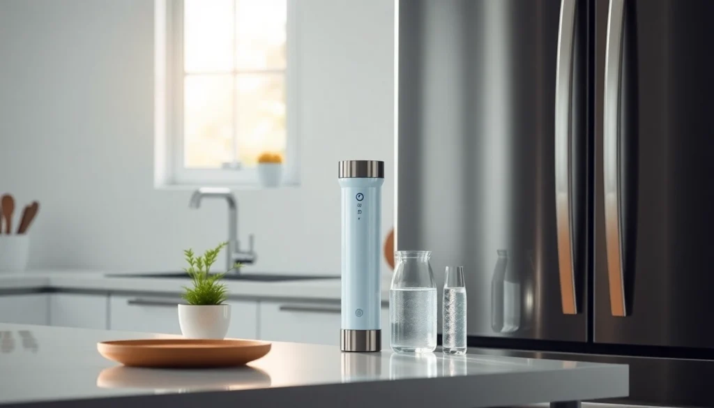 Waterdrop DA29-00020B Refrigerator Water Filter showcased in a contemporary kitchen setting, emphasizing freshness and innovation.
