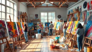 Painting studio with diverse artists creating vibrant acrylic artworks