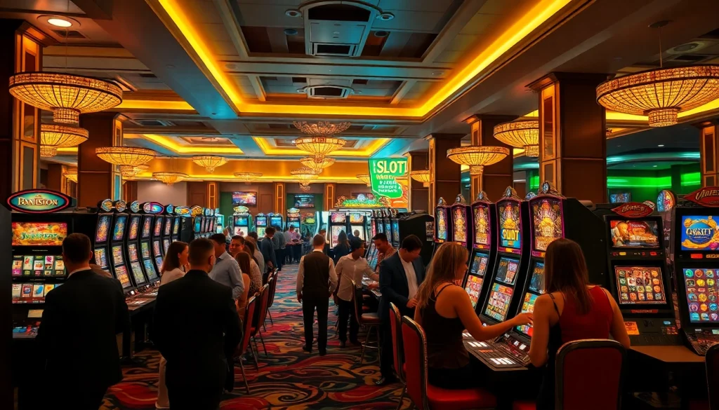 Excited players engage with IDNSlot machines in a luxurious casino setting.