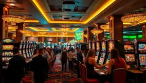 Excited players engage with IDNSlot machines in a luxurious casino setting.