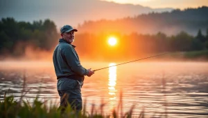 Fly fishing lessons near me in a serene lake setting, showcasing a fisherman casting a line at sunrise.
